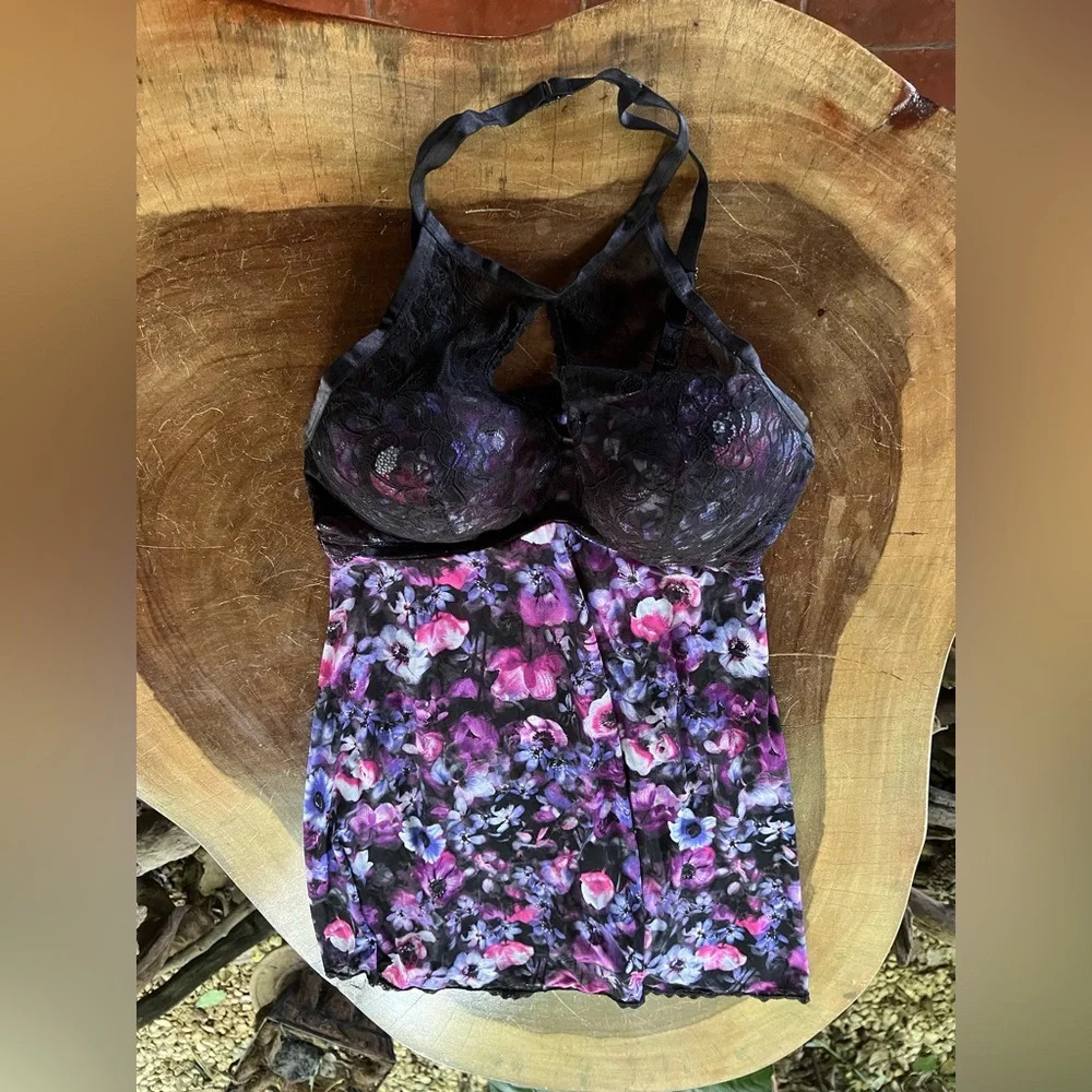 Y2K Secret Treasures Floral Layering Lace Halter Nightgown Baby Doll Body Cami L